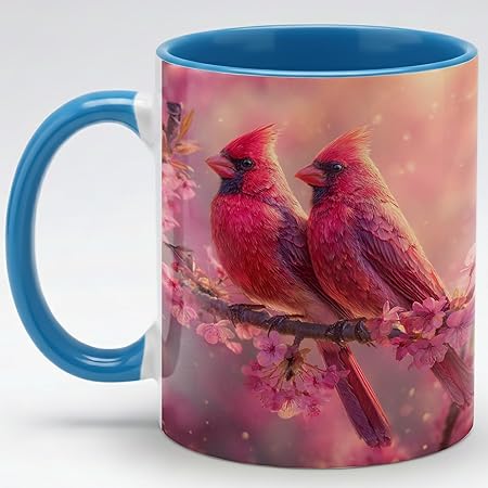 Farmhouse Spring Floral Red Cardinal Bird Couple Ceramic Mug 11oz with Romantic Cardinal Pair on Pink Cherry Blossom Branch, Nature Wildlife Art Coffee Cup, Gift for Couples and Bird Lovers