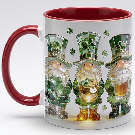 St Patrick's Day Gnome Coffee Mug with Shamrock and Pot of Gold, Irish Holiday Ceramic Cup, Cute Leprechaun Gnomes Design, Luxury Stained Glass Art Gift for Men Women Friends