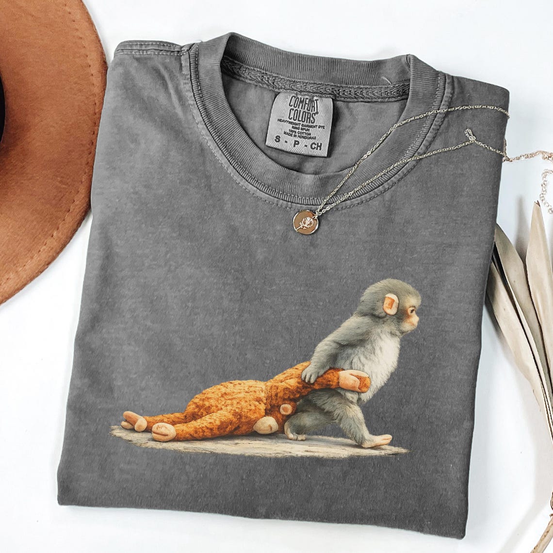 Monkey Punch Graphic Shirt, Baby Monkey Holding Plush Toy Tee, Animal Lover Gift, Cute Trendy Shirt