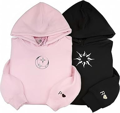 Custom On Sleeve Couples Embroidered matching Hoodie,customize sweatshirts for girlfriend and boyfriend, Personalized Sun and Moon Matching Outfits Gifts Valentines Day custom gifts ideas