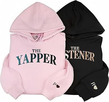 Matching Couples Hoodies, Embroidered The Listener The Yapper Chest Text, Custom Personalized Sleeve Initial