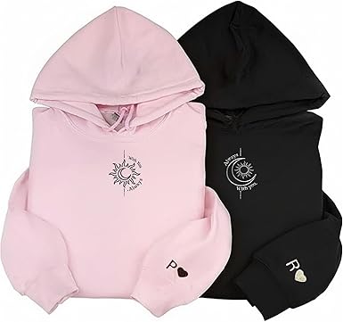 customize sweatshirts for girlfriend and boyfriend, Couples Embroidered matching Hoodie, Custom On Sleeve, Personalized Sun and Moon Matching Outfits, Gifts Valentines Day, custom gifts ideas