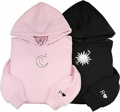 Couples Embroidered matching Hoodie, Custom On Sleeve, Personalized Sun and Moon Matching Outfits, customize sweatshirts for girlfriend and boyfriend, Gifts Valentines Day, custom gifts ideas