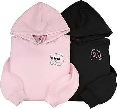 Matching Couples Hoodies, Cute Cat Line Art Embroidery, His and Hers Hoodies for Couples Set, Matching Hoodies for BF and GF, Cute Couple Stuff Gift Black