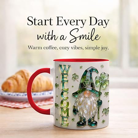 Welcome St. Patrick's Day Gnome Shamrock Ceramic Coffee Mug, Irish Lucky Clover Stained Glass Style Design, Festive Green Holiday Gift for Men Women Friends Coworkers