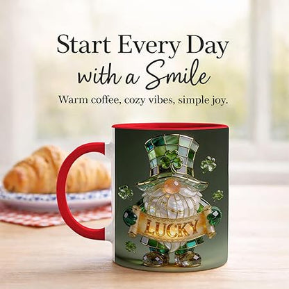 Lucky Gnome Ceramic Mug - Shamrock Top Hat Gnome Coffee Cup with Faux Stained Glass Emerald Artwork, “Luckyâ€ Banner Design, Whimsical Clover Gift for Friends, Cozy Home Office Décor