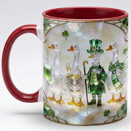 Stained Glass Irish Goose Leprechaun Ceramic Mug - Shamrock Beer Pot of Gold Art Coffee Cup, Faux 3D Jewel Tone Design Mug, St Patrick's Day Lucky Gift for Mom Dad Friends Family Home Office Dec