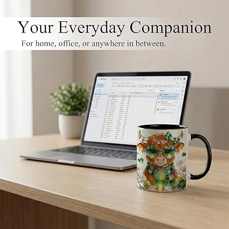 Stained Glass Highland Cow Ceramic Mug - Shamrock Irish Art Coffee Cup, Faux 3D Jewel Tone Design Mug, St Patrick's Day Lucky Gift for Mom Dad Friends Family Home Office Décor