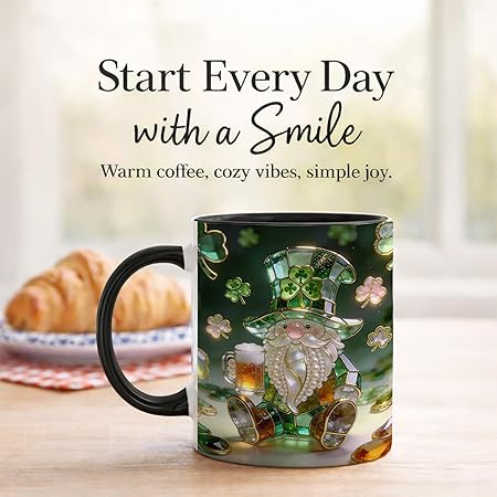 Luxury Stained Glass Gnome Ceramic Mug, Green Shamrock Jewel Tone Art Coffee Cup, Cute Irish Beer Gnome Gift Mug, Botanical Window Design, Meaningful Present for Gnome Lovers, Friends, Her