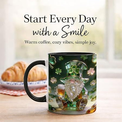 Luxury Stained Glass Gnome Ceramic Mug, Green Shamrock Jewel Tone Art Coffee Cup, Cute Irish Beer Gnome Gift Mug, Botanical Window Design, Meaningful Present for Gnome Lovers, Friends, Her