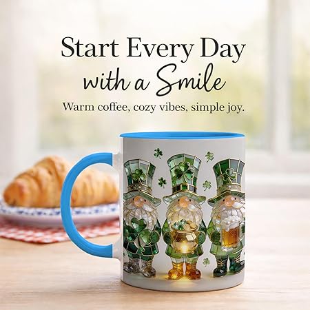 St Patrick's Day Gnome Coffee Mug with Shamrock and Pot of Gold, Irish Holiday Ceramic Cup, Cute Leprechaun Gnomes Design, Luxury Stained Glass Art Gift for Men Women Friends