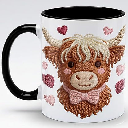 Cute Highland Cow Valentine Embroidery Design Ceramic Mug, Kawaii Plush Farm Animal Coffee Cup, Romantic Valentine Gift Mug, Soft Yarn Art Style, Cow Mug for Couples, Girlfriend, Wife