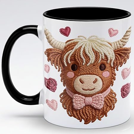 Cute Highland Cow Valentine Embroidery Design Ceramic Mug, Kawaii Plush Farm Animal Coffee Cup, Romantic Valentine Gift Mug, Soft Yarn Art Style, Cow Mug for Couples, Girlfriend, Wife