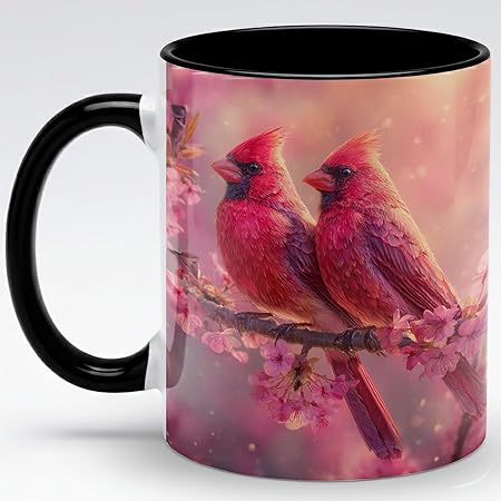 Farmhouse Spring Floral Red Cardinal Bird Couple Ceramic Mug 11oz with Romantic Cardinal Pair on Pink Cherry Blossom Branch, Nature Wildlife Art Coffee Cup, Gift for Couples and Bird Lovers