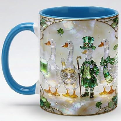 Stained Glass Irish Goose Leprechaun Ceramic Mug - Shamrock Beer Pot of Gold Art Coffee Cup, Faux 3D Jewel Tone Design Mug, St Patrick's Day Lucky Gift for Mom Dad Friends Family Home Office Dec