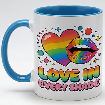 Rainbow Heart Lips Ceramic Mug, Love In Every Shade Coffee Cup, Colorful Pride Artwork Mug for Daily Home Office Use, Cute Graphic Drinkware, Gift for LGBTQ Friends Couples Sisters Brothers