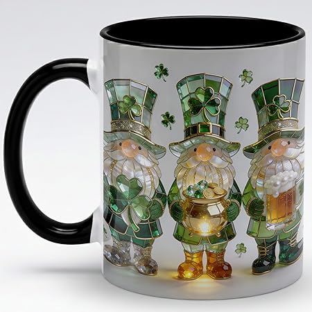 St Patrick's Day Gnome Coffee Mug with Shamrock and Pot of Gold, Irish Holiday Ceramic Cup, Cute Leprechaun Gnomes Design, Luxury Stained Glass Art Gift for Men Women Friends