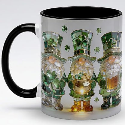 St Patrick's Day Gnome Coffee Mug with Shamrock and Pot of Gold, Irish Holiday Ceramic Cup, Cute Leprechaun Gnomes Design, Luxury Stained Glass Art Gift for Men Women Friends
