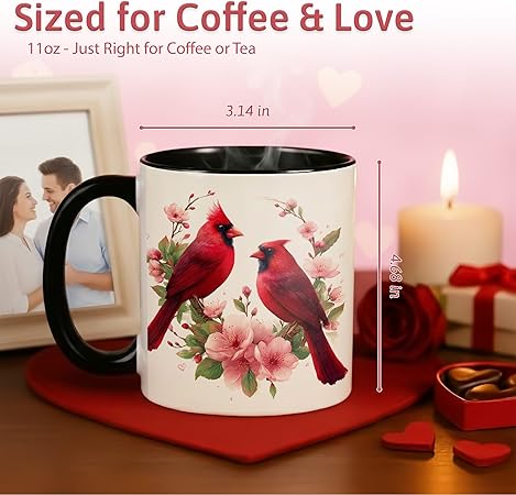 Farmhouse Spring Floral Red Cardinal Bird Couple Ceramic Mug 11oz with Romantic Cardinal Pair and Pink Blossom Illustration, Nature Wildlife Art Coffee Cup, Gift for Couples and Bird Lovers