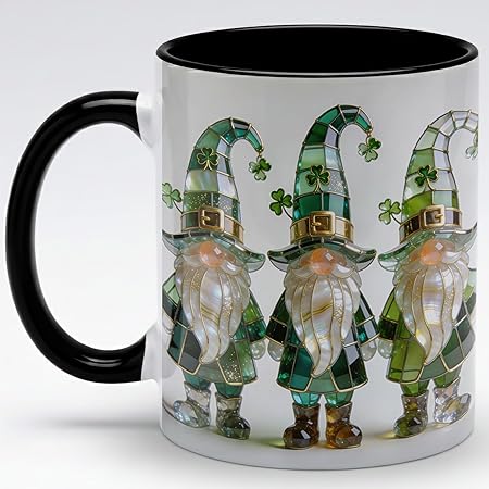 St Patrick's Day Gnome Coffee Mug with Shamrock, Irish Leprechaun Gnomes Ceramic Cup, Green Lucky Holiday Design, Luxury Stained Glass Style Gift for Men Women Friends Coworkers