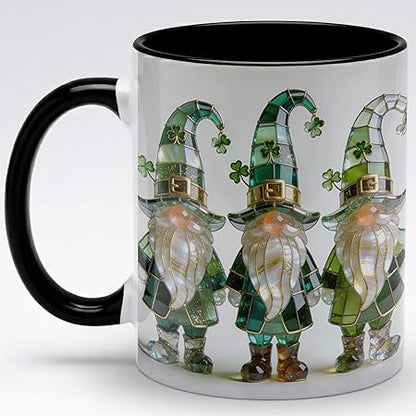 St Patrick's Day Gnome Coffee Mug with Shamrock, Irish Leprechaun Gnomes Ceramic Cup, Green Lucky Holiday Design, Luxury Stained Glass Style Gift for Men Women Friends Coworkers