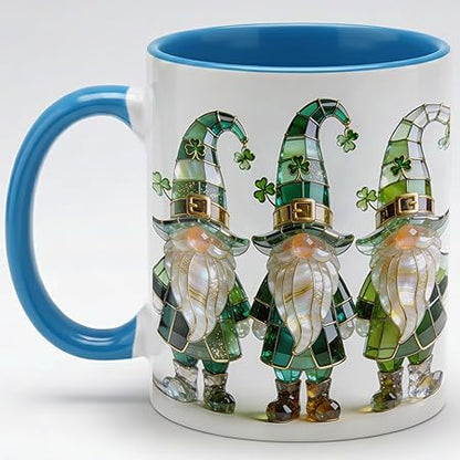 St Patrick's Day Gnome Coffee Mug with Shamrock, Irish Leprechaun Gnomes Ceramic Cup, Green Lucky Holiday Design, Luxury Stained Glass Style Gift for Men Women Friends Coworkers