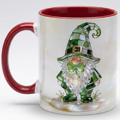 Stained Glass Leprechaun Gnome Ceramic Mug - Shamrock Irish Art Coffee Cup, Faux 3D Jewel Tone Design Mug, St Patrick's Day Lucky Gift for Mom Dad Friends Family Home Office Décor