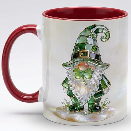 Stained Glass Leprechaun Gnome Ceramic Mug - Shamrock Irish Art Coffee Cup, Faux 3D Jewel Tone Design Mug, St Patrick's Day Lucky Gift for Mom Dad Friends Family Home Office Decor