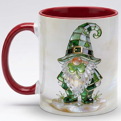 Stained Glass Leprechaun Gnome Ceramic Mug - Shamrock Irish Art Coffee Cup, Faux 3D Jewel Tone Design Mug, St Patrick's Day Lucky Gift for Mom Dad Friends Family Home Office Decor