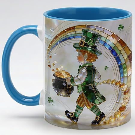 Stained Glass Leprechaun Ceramic Mug - Rainbow Shamrock Irish Art Coffee Cup, Faux 3D Jewel Tone Design Mug, St Patrick's Day Lucky Gift for Mom Dad Friends Family Home Office