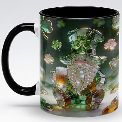 Luxury Stained Glass Gnome Ceramic Mug, Green Shamrock Jewel Tone Art Coffee Cup, Cute Irish Beer Gnome Gift Mug, Botanical Window Design, Meaningful Present for Gnome Lovers, Friends, Her