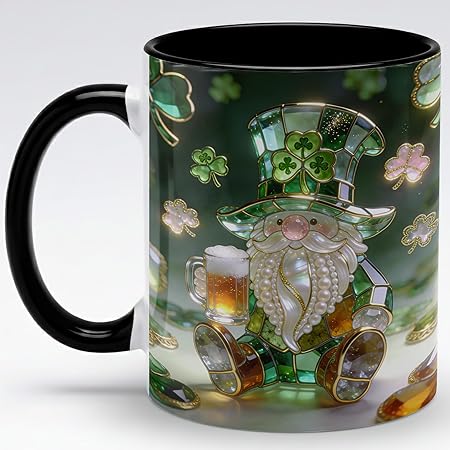 Luxury Stained Glass Gnome Ceramic Mug, Green Shamrock Jewel Tone Art Coffee Cup, Cute Irish Beer Gnome Gift Mug, Botanical Window Design, Meaningful Present for Gnome Lovers, Friends, Her