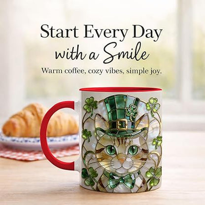 Lucky Stained Glass Irish Cat Ceramic Mug - Shamrock Leprechaun Kitty Coffee Cup, Faux 3D Jewel Tone Artwork Mug, Cute Irish Decor Gift for Mom Dad Friends Family Home Office