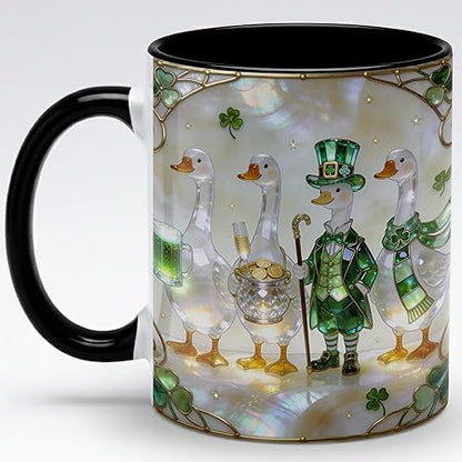 Stained Glass Irish Goose Leprechaun Ceramic Mug - Shamrock Beer Pot of Gold Art Coffee Cup, Faux 3D Jewel Tone Design Mug, St Patrick's Day Lucky Gift for Mom Dad Friends Family Home Office Dec