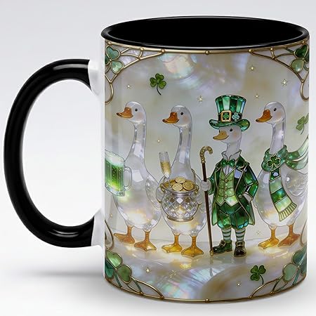 Stained Glass Irish Goose Leprechaun Ceramic Mug - Shamrock Beer Pot of Gold Art Coffee Cup, Faux 3D Jewel Tone Design Mug, St Patrick's Day Lucky Gift for Mom Dad Friends Family Home Office Dec