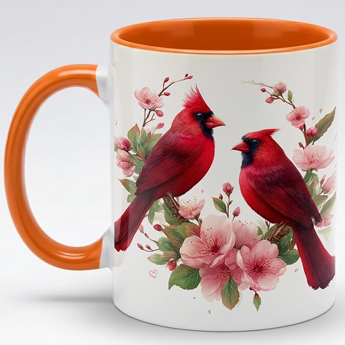 Farmhouse Spring Floral Red Cardinal Bird Couple Ceramic Mug 11oz with Romantic Cardinal Pair and Pink Blossom Illustration, Nature Wildlife Art Coffee Cup, Gift for Couples and Bird Lovers