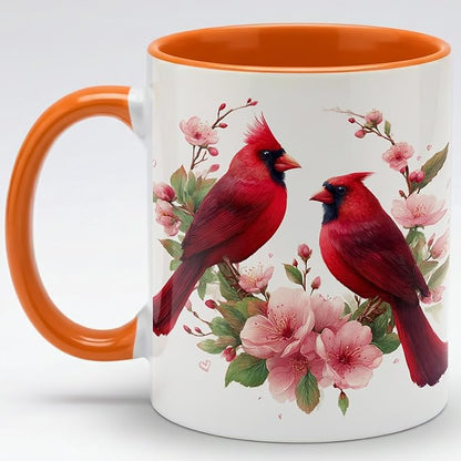 Farmhouse Spring Floral Red Cardinal Bird Couple Ceramic Mug 11oz with Romantic Cardinal Pair and Pink Blossom Illustration, Nature Wildlife Art Coffee Cup, Gift for Couples and Bird Lovers
