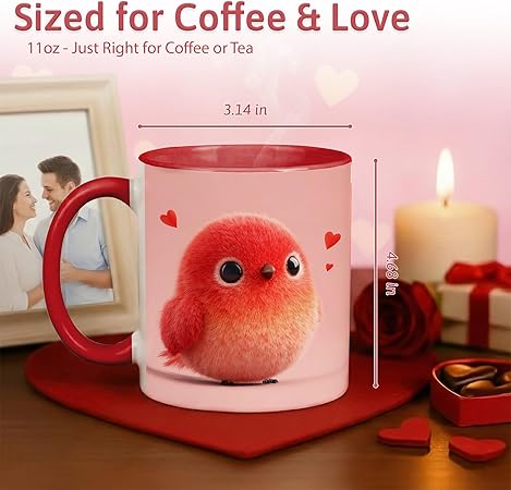 Cute Plush Baby Bird Ceramic Mug 11oz, Adorable Red Chick Illustration Coffee Cup with Soft Pink Background, Cozy Drinkware for Daily Use, Sweet Decorative Mug, Heartwarming Gift for Kids
