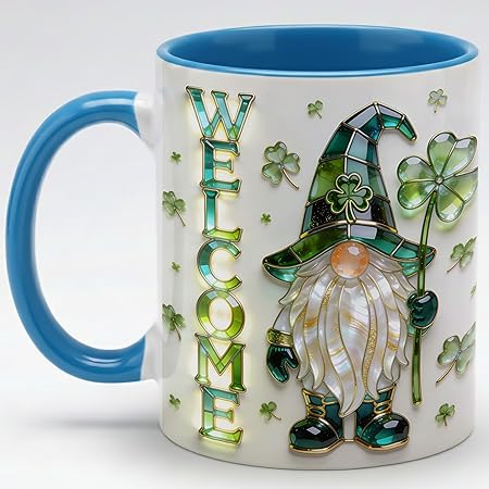 Welcome St. Patrick's Day Gnome Shamrock Ceramic Coffee Mug, Irish Lucky Clover Stained Glass Style Design, Festive Green Holiday Gift for Men Women Friends Coworkers