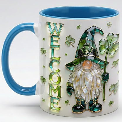 Welcome St. Patrick's Day Gnome Shamrock Ceramic Coffee Mug, Irish Lucky Clover Stained Glass Style Design, Festive Green Holiday Gift for Men Women Friends Coworkers