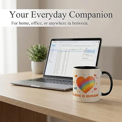 Watercolor Rainbow Heart Ceramic Mug, Love Is Human Coffee Cup, Soft Inclusive Graphic Mug for Daily Home Office Use, Cute Positive Drinkware Gift for Friends Couples Family