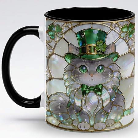 Stained Glass Lucky Cat Ceramic Mug - Green Jewel Tone Kitty Coffee Cup with Clover Bow Artwork, Cute Animal Mug for Coffee Tea, Unique Gift for Cat Lovers Home Office Décor