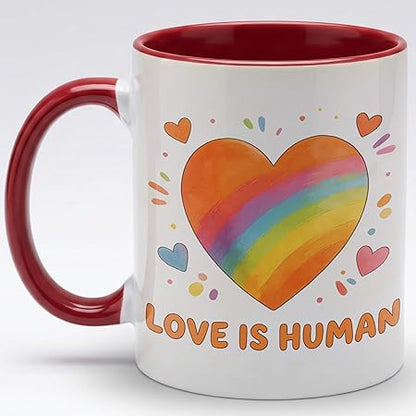 Watercolor Rainbow Heart Ceramic Mug, Love Is Human Coffee Cup, Soft Inclusive Graphic Mug for Daily Home Office Use, Cute Positive Drinkware Gift for Friends Couples Family