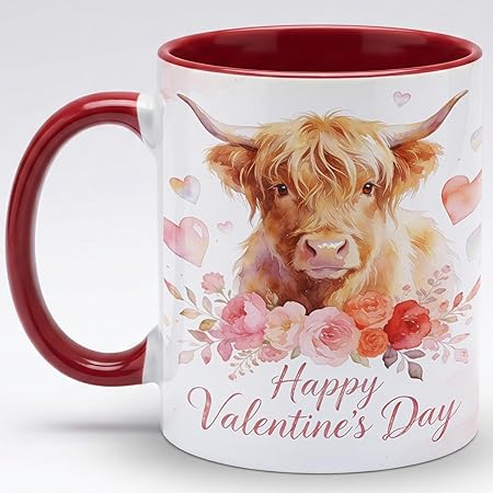 Highland Cow Happy Valentine's Day Floral Ceramic Mug, Romantic Farm Animal Watercolor Coffee Cup, Valentine Gift Mug, Soft Flower Art Design, Cow Mug for Girlfriend, Wife, Couples