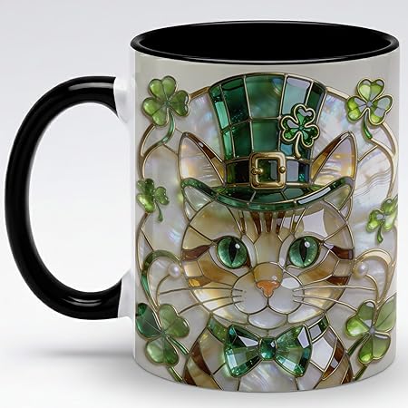 Lucky Stained Glass Irish Cat Ceramic Mug - Shamrock Leprechaun Kitty Coffee Cup, Faux 3D Jewel Tone Artwork Mug, Cute Irish Decor Gift for Mom Dad Friends Family Home Office