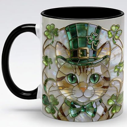 Lucky Stained Glass Irish Cat Ceramic Mug - Shamrock Leprechaun Kitty Coffee Cup, Faux 3D Jewel Tone Artwork Mug, Cute Irish Decor Gift for Mom Dad Friends Family Home Office