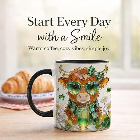 Stained Glass Highland Cow Ceramic Mug - Shamrock Irish Art Coffee Cup, Faux 3D Jewel Tone Design Mug, St Patrick's Day Lucky Gift for Mom Dad Friends Family Home Office Décor