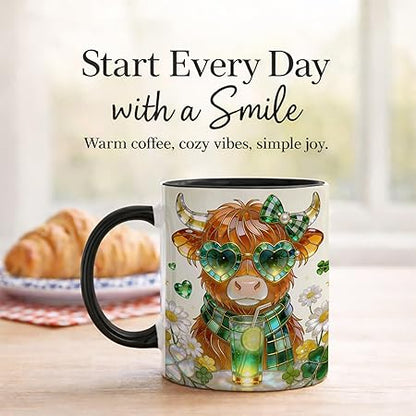 Stained Glass Highland Cow Ceramic Mug - Shamrock Irish Art Coffee Cup, Faux 3D Jewel Tone Design Mug, St Patrick's Day Lucky Gift for Mom Dad Friends Family Home Office Décor