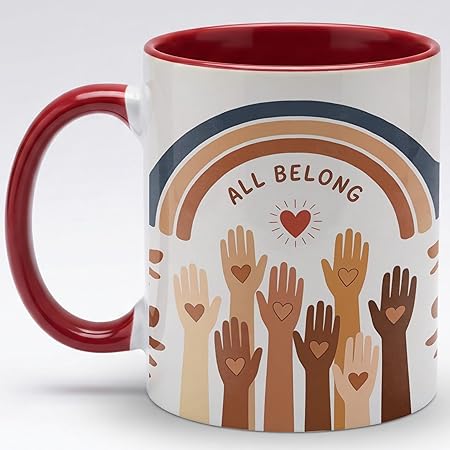 All Belong Ceramic Mug - Inspirational Unity Coffee Cup with Raised Hands Artwork, Daily Positivity Drinkware, Meaningful Gift for Teachers Friends Family