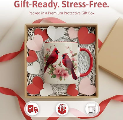 Farmhouse Spring Floral Red Cardinal Bird Couple Ceramic Mug 11oz with Romantic Cardinal Pair and Pink Blossom Illustration, Nature Wildlife Art Coffee Cup, Gift for Couples and Bird Lovers